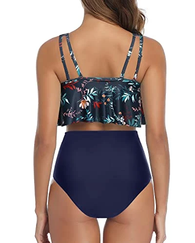 Tummy Control Women Ruffled Flounce Bikini Swimsuit-Blue Colorul Flowers 2 Tummy Control Women Ruffled Flounce Bikini Swimsuit-Blue Colorul Flowers - Image 2