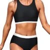 Women High Neck Crop Top Tummy Control Sporty Bathing Suits-Black And White