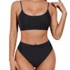 Sexy Sporty Scoop Neck Two Piece High Waisted Bikini-Black