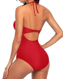 Mesh Waist Hollow Out Monokini Halter One Piece Swimsuits-Red -Bikini Beach Shop 41ktk3A SuL
