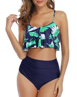 Sexy Ruffle High Waisted Ruched Women's 2 Piece Bikini Set-Blue Leaf