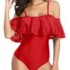 Sexy Ruffle Flounce Hollow Bathing Suits One Piece Off Shoulder Lace Swimsuits-Red