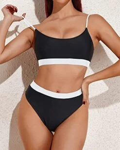 Female Curves Enhancing High Waisted Bikini Sporty Scoop Neck Swimsuits-Black And White 7 Female Curves Enhancing High Waisted Bikini Sporty Scoop Neck Swimsuits-Black And White -Bikini Beach Shop 41lAQd78fOL