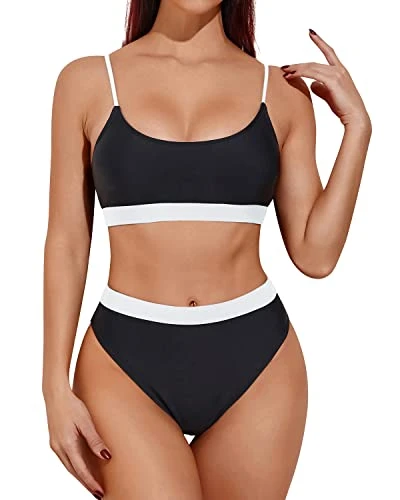 Female Curves Enhancing High Waisted Bikini Sporty Scoop Neck Swimsuits-Black And White 1 Female Curves Enhancing High Waisted Bikini Sporty Scoop Neck Swimsuits-Black And White