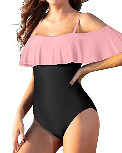 Padded Bra Off Shoulder One Piece Swimsuit For Women-Pink And Black 3 Padded Bra Off Shoulder One Piece Swimsuit For Women-Pink And Black - Image 3