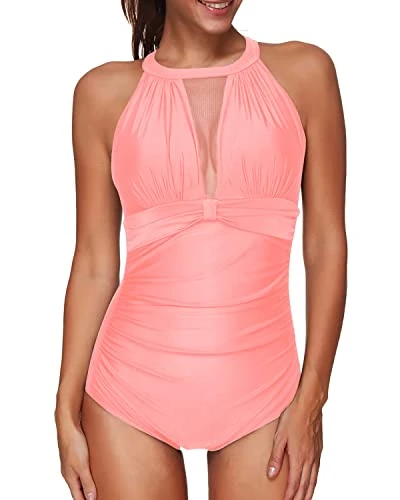 Women's Plunge Neckline Ruched Mesh Monokini One Piece Swimwear-Coral Pink 1 Women's Plunge Neckline Ruched Mesh Monokini One Piece Swimwear-Coral Pink