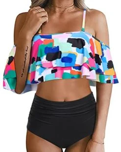 Two Piece Elegant Off Shoulder High Waisted Ruffle Bikini Set-Aqua