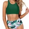 Full Coverage High Neck Racerback Two Piece Bikini Set-Green Tropical Floral