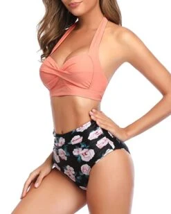 Two Piece Retro Halter High Waist Bikini Set For Women-Coral Pink Floral -Bikini Beach Shop 41mK5cux8tS 71ca8d49 1f99 4031 8c9c ee9d81dc11bc