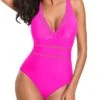 Backless Mesh Hollow Out Halter One Piece Swimsuit-Neon Pink