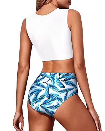 High Neck Lace Women's 2 Piece Bikini Set Tummy Control Bottoms-White Leaf 2 High Neck Lace Women's 2 Piece Bikini Set Tummy Control Bottoms-White Leaf - Image 2