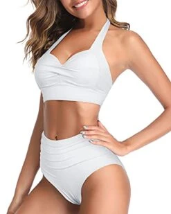 Two Piece Halter Ruched Highwaist Bikini Adjustable Straps Bathing Suit-White -Bikini Beach Shop 41mVA6Bj XS 878a109b d9fb 469f 91c8 43cc09f98fc4