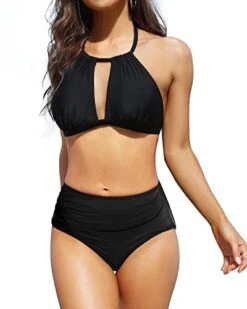 Striped Halter High Waisted Bikini Keyhole Bathing Suits-Black -Bikini Beach Shop 41mWIyc7nkL