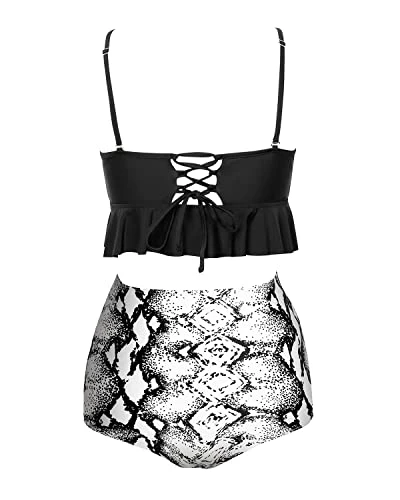Flounced Two Piece Tummy Control Swimsuits For Women Tummy Control Bikini Sets-Black And White Snake Print 3 Flounced Two Piece Tummy Control Swimsuits For Women Tummy Control Bikini Sets-Black And White Snake Print - Image 3