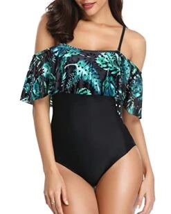 One Piece Off Shoulder Lace Swimsuits Ruffle Flounce Hollow Bathing Suits-Black And Green Leaves 7 One Piece Off Shoulder Lace Swimsuits Ruffle Flounce Hollow Bathing Suits-Black And Green Leaves -Bikini Beach Shop 41mmibHI5LL