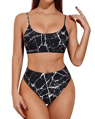 Tummy Control High Waisted Bikini Sporty Scoop Neck Swimsuits-Black Marble 1 Tummy Control High Waisted Bikini Sporty Scoop Neck Swimsuits-Black Marble