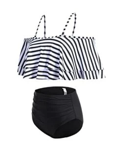 Fashionable High Waisted Ruffle Bikini Set For Beach-Black And White Stripe 6 Fashionable High Waisted Ruffle Bikini Set For Beach-Black And White Stripe -Bikini Beach Shop 41mvzKLEs L