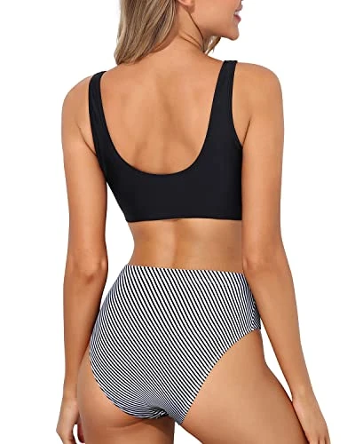 2 Piece Long Torso High Waisted Bathing Suit Bottoms-Black Stripe 2 2 Piece Long Torso High Waisted Bathing Suit Bottoms-Black Stripe - Image 2