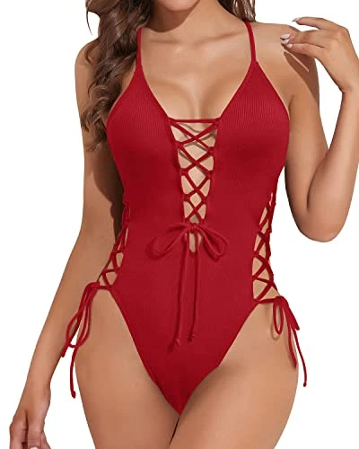Deep Plunge V Neck Bathing Suits Womens 1 Piece Swimsuits-Red 1 Deep Plunge V Neck Bathing Suits Womens 1 Piece Swimsuits-Red