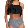 Flattering Ruffle Halter Bikini Set Tummy Control Bottoms For Women-Black Stripe