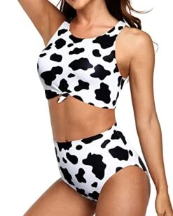 Full Coverage High Waist Bikini Sporty Two Piece Swimsuits-Black And White Cow Pattern1 -Bikini Beach Shop 41nXcfroykL
