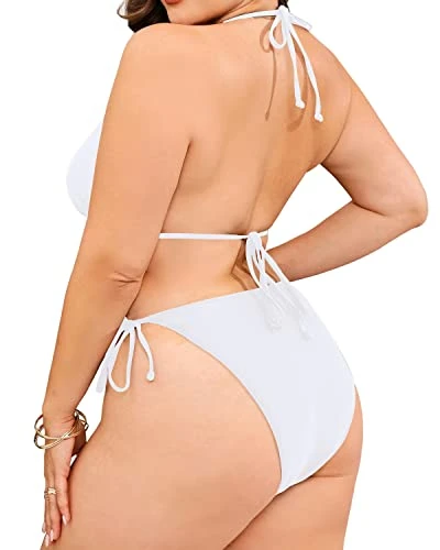 2 Piece Plus Size Triangle Bikini Set Side Tie For Women-White 2 2 Piece Plus Size Triangle Bikini Set Side Tie For Women-White - Image 2