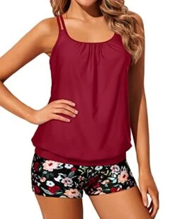 Women Tummy Area Coverage Blouson Tankini Swimsuits-Red Floral -Bikini Beach Shop 41nqXCRp4sL