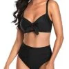 Sexy Tummy Control Ruched Tie Knot Bathing Suits For Women High Waisted Bikini Set-Black