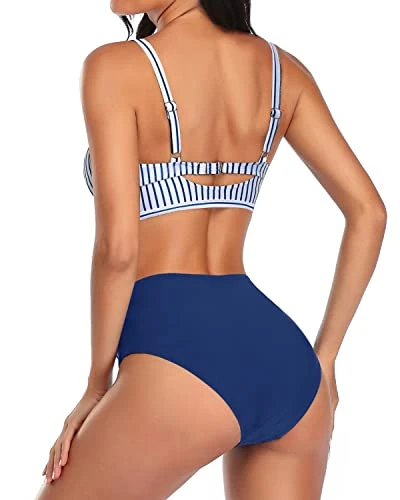 2 Piece Stylish Keyhole Women High Waisted Bikini Set-Blue White Stripe 2 2 Piece Stylish Keyhole Women High Waisted Bikini Set-Blue White Stripe - Image 2