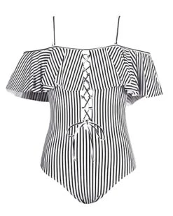 Flattering One Piece Lace Up Ruffled Bathing Suit-Black And White Stripe 6 Flattering One Piece Lace Up Ruffled Bathing Suit-Black And White Stripe -Bikini Beach Shop 41nt 3GZZcL