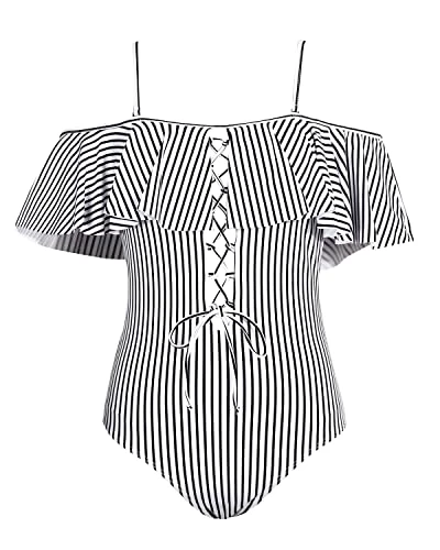 Flattering One Piece Lace Up Ruffled Bathing Suit-Black And White Stripe 3 Flattering One Piece Lace Up Ruffled Bathing Suit-Black And White Stripe - Image 3