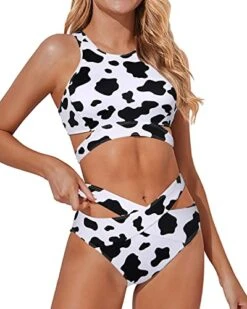 Straps Criss Cross Bandage Two Piece Bathing Suits-Black And White Cow Pattern -Bikini Beach Shop 41o0dsUoBnL