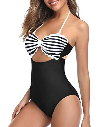 Women's High Waist Ruched Tummy Control Swim Bottoms-Black And White Stripe 4 Women's High Waist Ruched Tummy Control Swim Bottoms-Black And White Stripe - Image 4