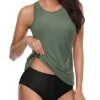 Tummy Control Halter Tankini Swimsuits High Neck Swim Top And Shorts-Olive Green
