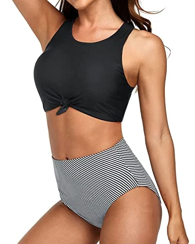Vintage High Waisted Bikini Set Crop Top For Women-Black Stripe 3 Vintage High Waisted Bikini Set Crop Top For Women-Black Stripe - Image 3