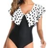 Bathing Suit Ruffle Shoulders For Tummy Control-White Black Polka Dots