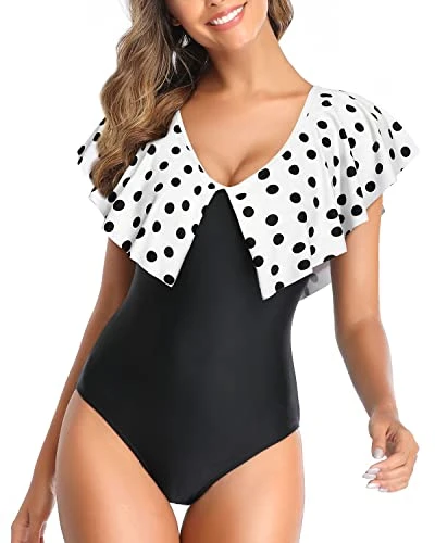 Bathing Suit Ruffle Shoulders For Tummy Control-White Black Polka Dots 1 Bathing Suit Ruffle Shoulders For Tummy Control-White Black Polka Dots