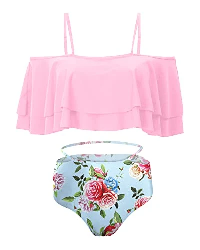 Attractive Side Hollow Out High Waisted Bikini Set Swimsuit-Light Pink Floral 2 Attractive Side Hollow Out High Waisted Bikini Set Swimsuit-Light Pink Floral - Image 2