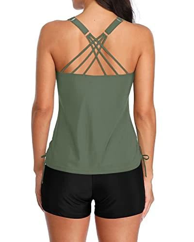 V-Neck Ruched Front Tummy Control Tankini Boyshorts-Olive Green 2 V-Neck Ruched Front Tummy Control Tankini Boyshorts-Olive Green - Image 2