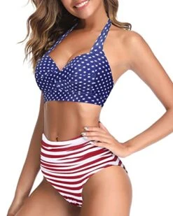 Women's Retro Halter Ruched Vintage High Waisted Bikini-Flag 6 Women's Retro Halter Ruched Vintage High Waisted Bikini-Flag -Bikini Beach Shop 41oKNpX0h4L