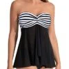 Women's Mid Rise Halter Bandeau Flyaway Tankini Swimsuit-Black And White Stripe