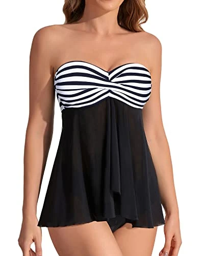Women's Mid Rise Halter Bandeau Flyaway Tankini Swimsuit-Black And White Stripe 1 Women's Mid Rise Halter Bandeau Flyaway Tankini Swimsuit-Black And White Stripe