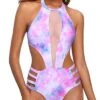 Sexy Mesh Patchwork Monokini High Neck One Piece Swimsuit-Color Tie Dye