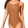 Stylish U Back Round Neck One Piece Swimsuits-Brown