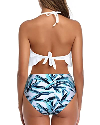 Flattering Two Piece Ruffle High Waisted Bikini-White Leaf 3 Flattering Two Piece Ruffle High Waisted Bikini-White Leaf - Image 3