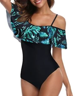 Flounce Printed One Piece Ruffled Bathing Suit-Black And Green Leaves -Bikini Beach Shop 41oybEltN6L 19b3d068 cdff 439b 9274 a454584198b2