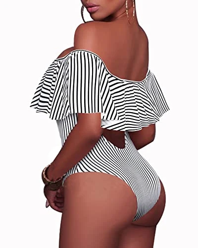 Flattering One Piece Lace Up Ruffled Bathing Suit-Black And White Stripe 2 Flattering One Piece Lace Up Ruffled Bathing Suit-Black And White Stripe - Image 2