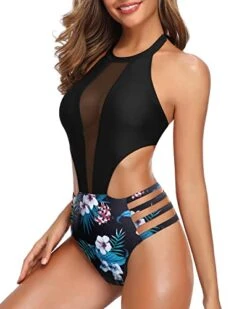 Women One Piece Mesh Swimsuit High Neck Halter Cutout Monokini Swimwear -Bikini Beach Shop 41p6dPu5w2L