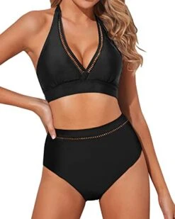2 Piece High Waisted Deep V Neck Two Piece Swimsuits For Women-Black -Bikini Beach Shop 41pB0IQGR7L