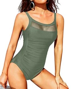 Women One Piece Mesh Swimsuits Ruched Tummy Control Swimwear-Olive Green -Bikini Beach Shop 41pHxzh2T2L